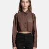 Tops * | Raf Simons Cropped Denim Shirt In Dark Brown