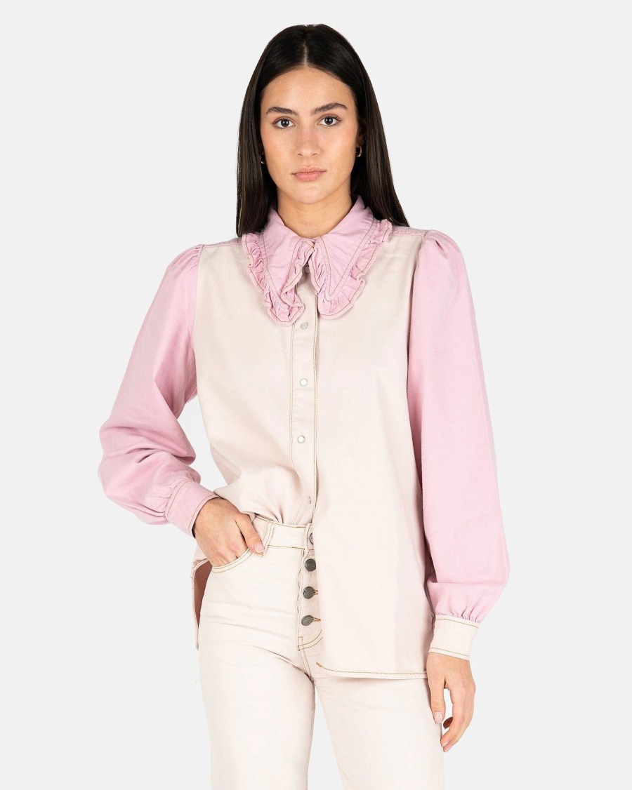 Tops * | Ganni Overdyed Cutline Denim Shirt In Light Lilac