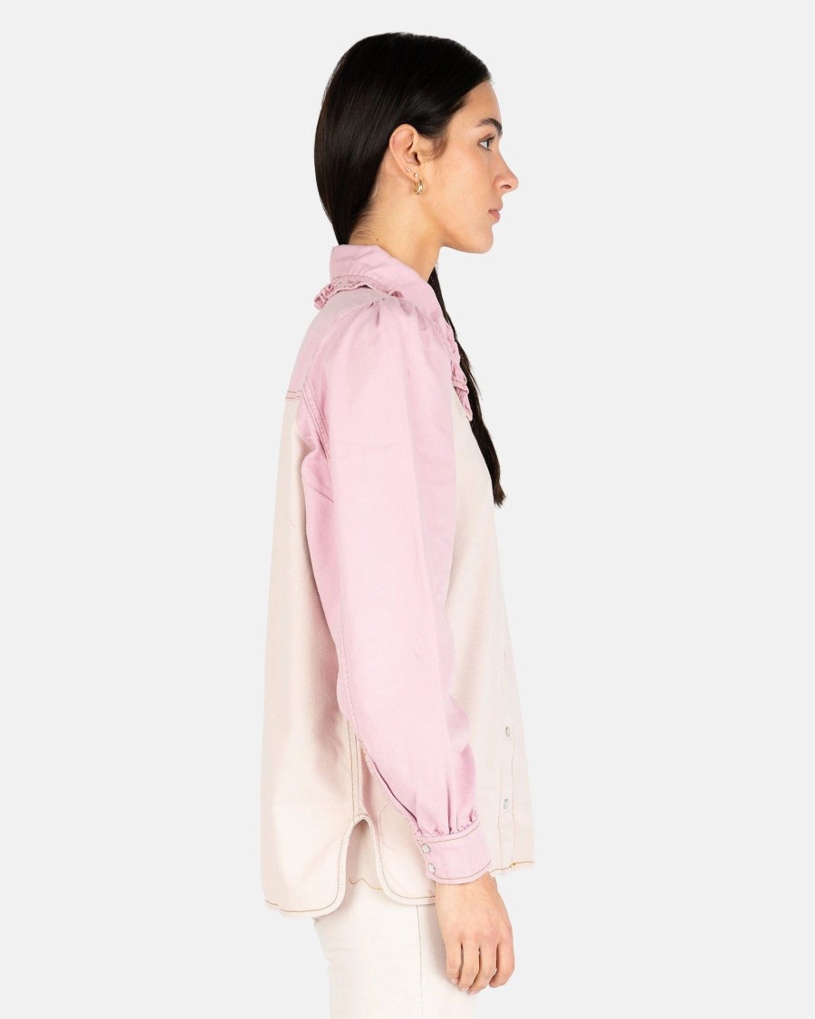 Tops * | Ganni Overdyed Cutline Denim Shirt In Light Lilac