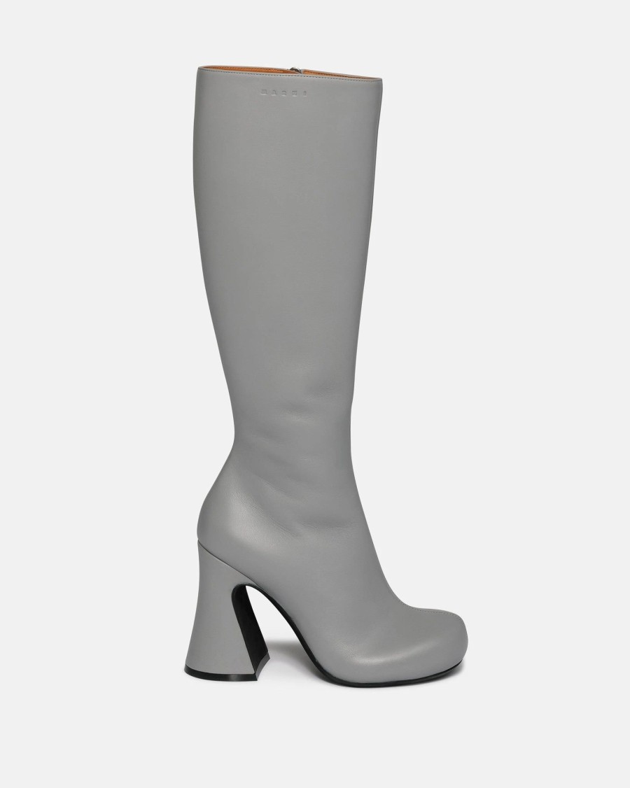 Footwear * | Marni Knee-High Leather Boots In Grey