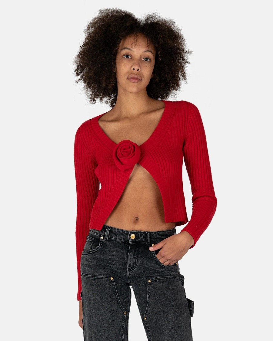 Tops * | Blumarine Wool Cardigan With 3D Rose In Red