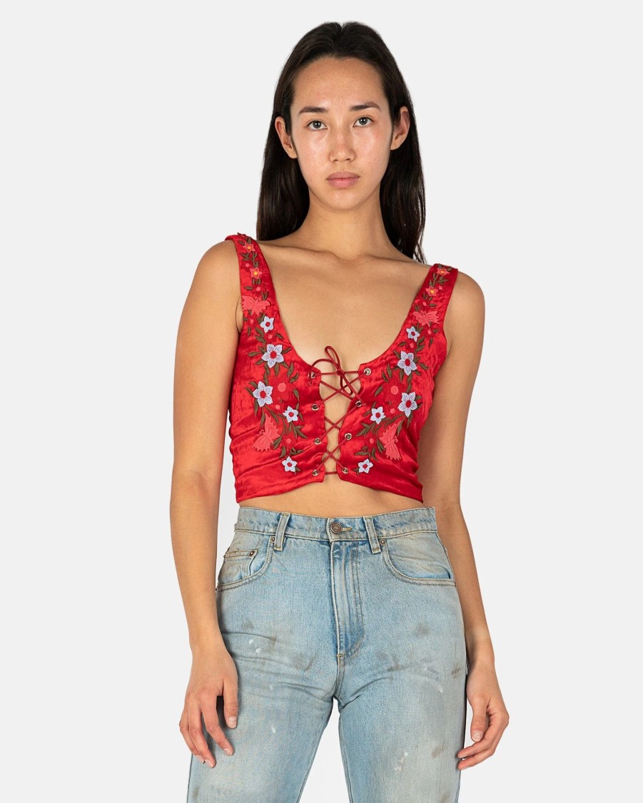 Tops * | Erl Embroidered Folk Vest In Red