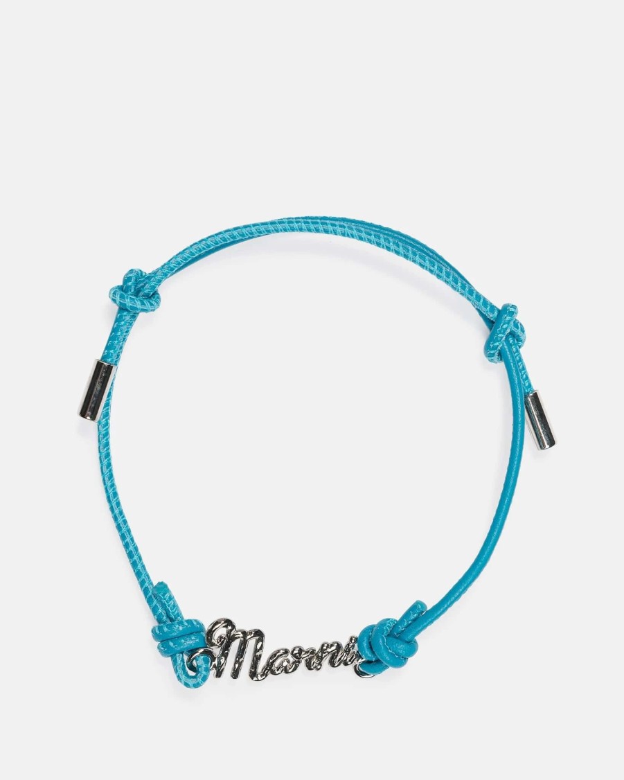 Accessories * | Marni Leather Logo Bracelet In Turquoise