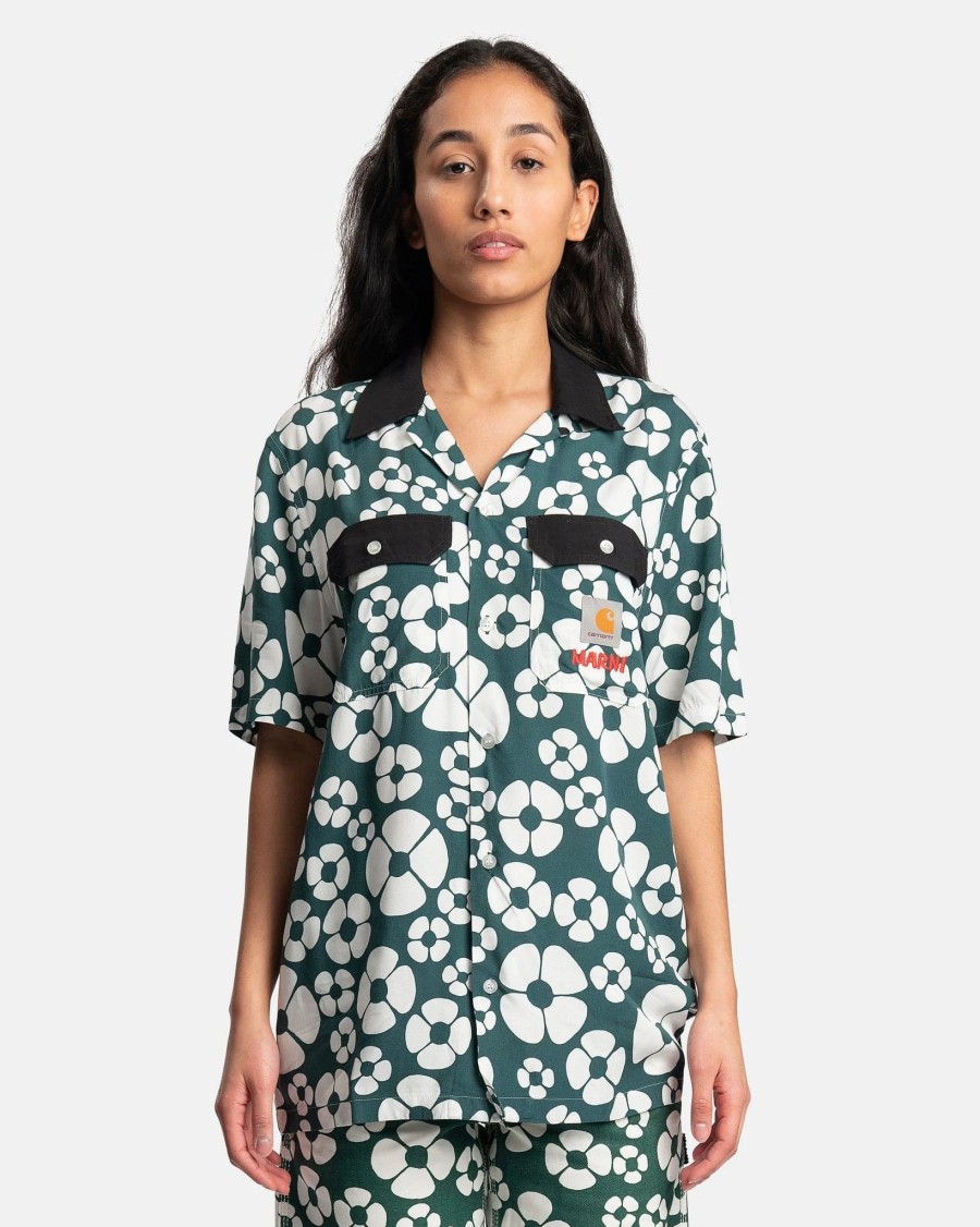 Tops * | Marni Carhartt Wip Flower Print Shirt In Forest Green