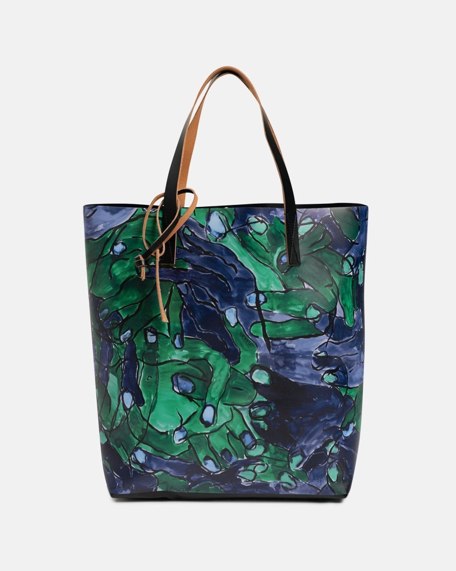 Accessories * | Marni Mani Print Tribeca Shopping Bag In Green/Blue