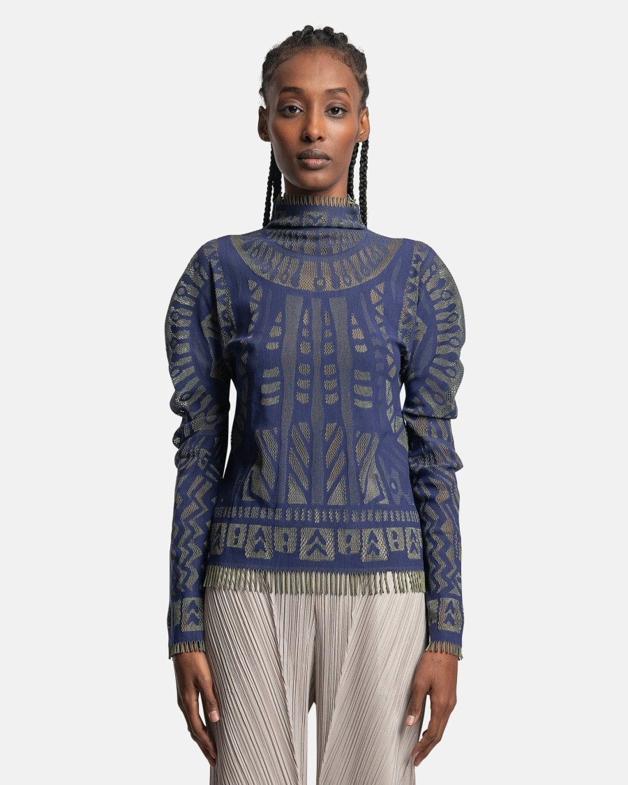 Tops * | Pleats Please Issey Miyake A-Poc Skin Turtleneck Sparkle Top In Navy