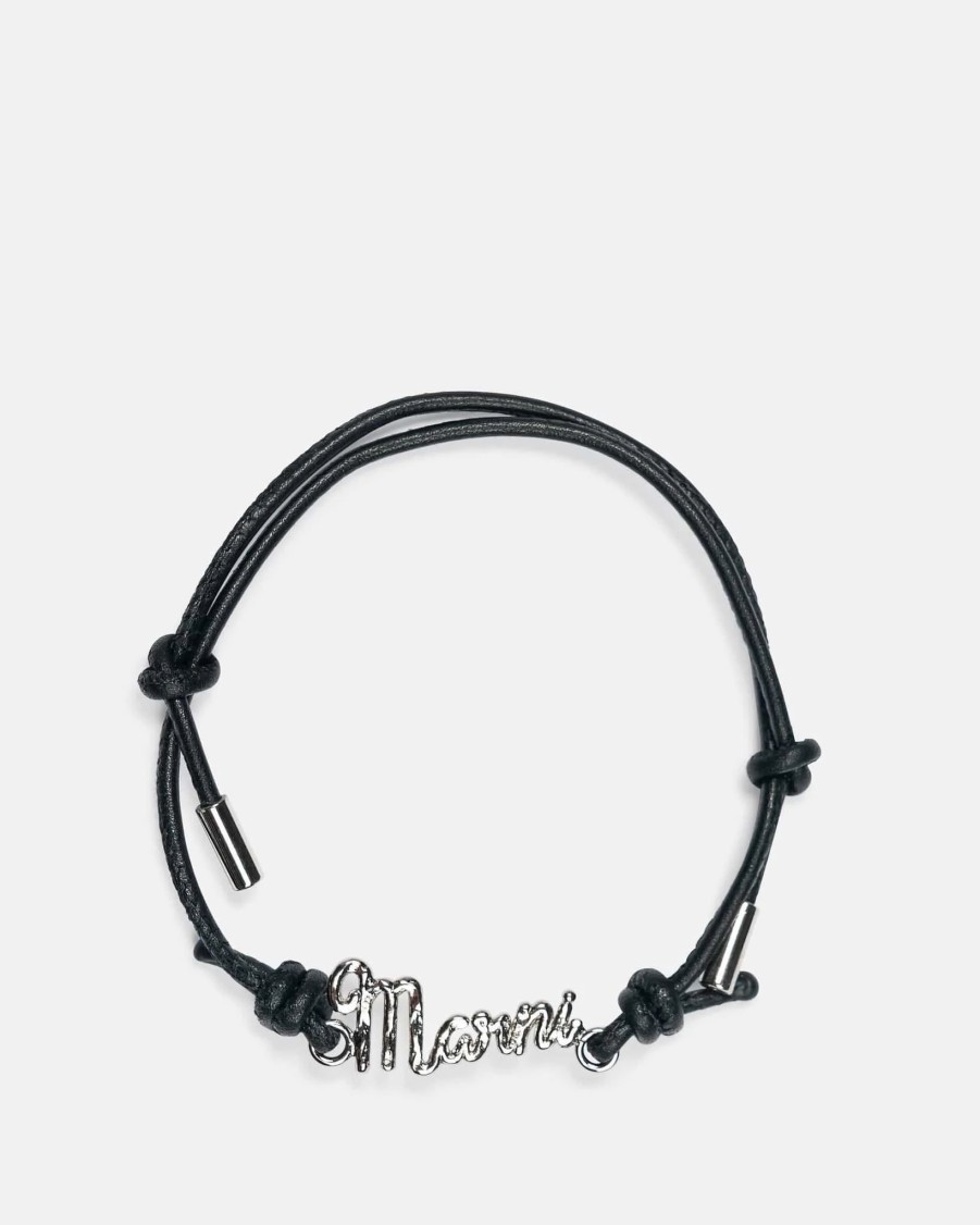 Accessories * | Marni Leather Logo Bracelet In Coal