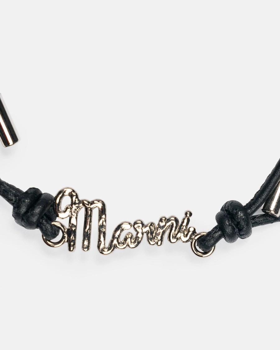 Accessories * | Marni Leather Logo Bracelet In Coal