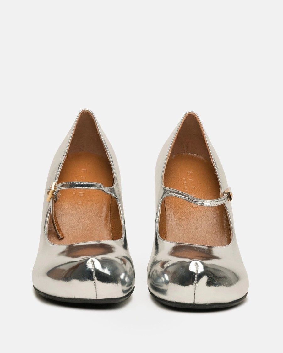 Footwear * | Marni Mirrored Leather Mary Janes In Silver