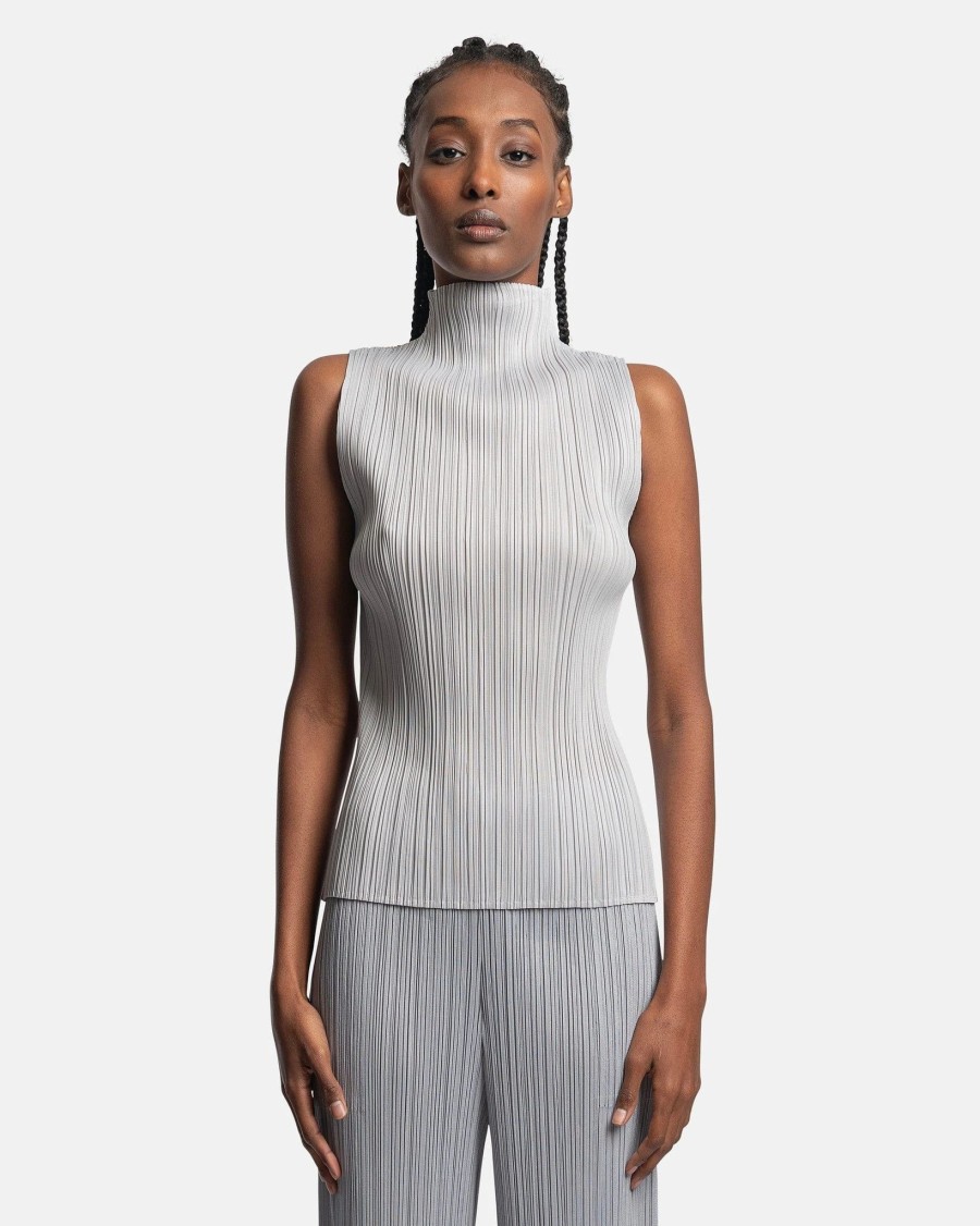 Tops * | Pleats Please Issey Miyake Sleeveless Turtleneck Top In Light Grey