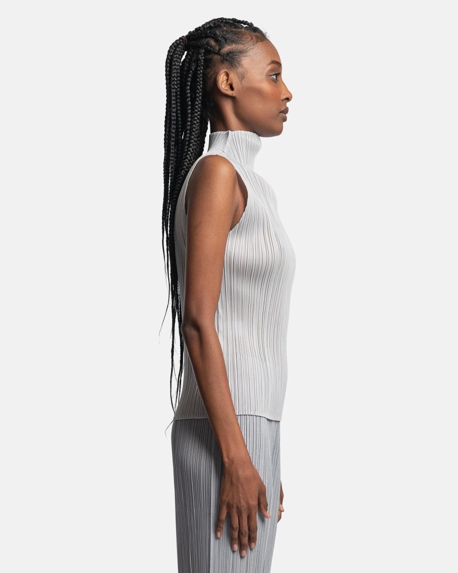 Tops * | Pleats Please Issey Miyake Sleeveless Turtleneck Top In Light Grey