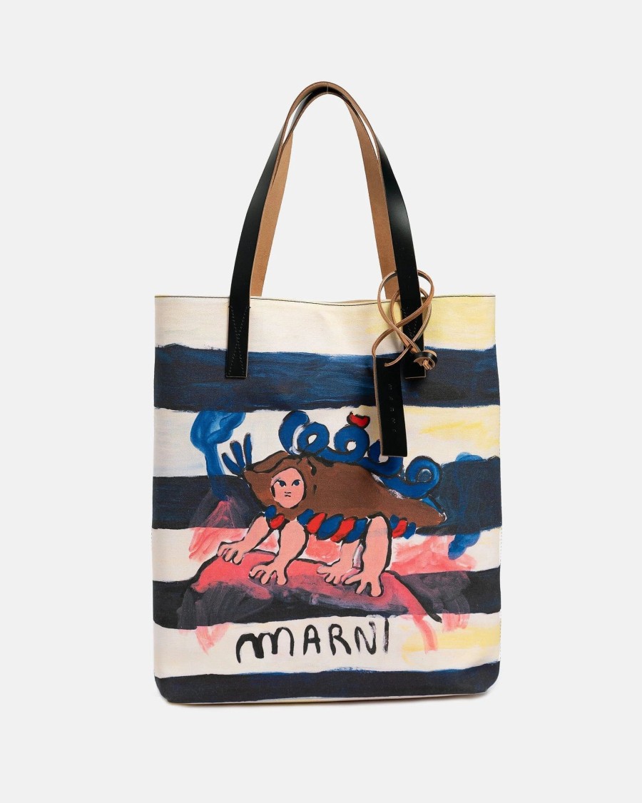 Accessories * | Marni Hand Painted Graphic Tribeca Shopping Bag In Multi