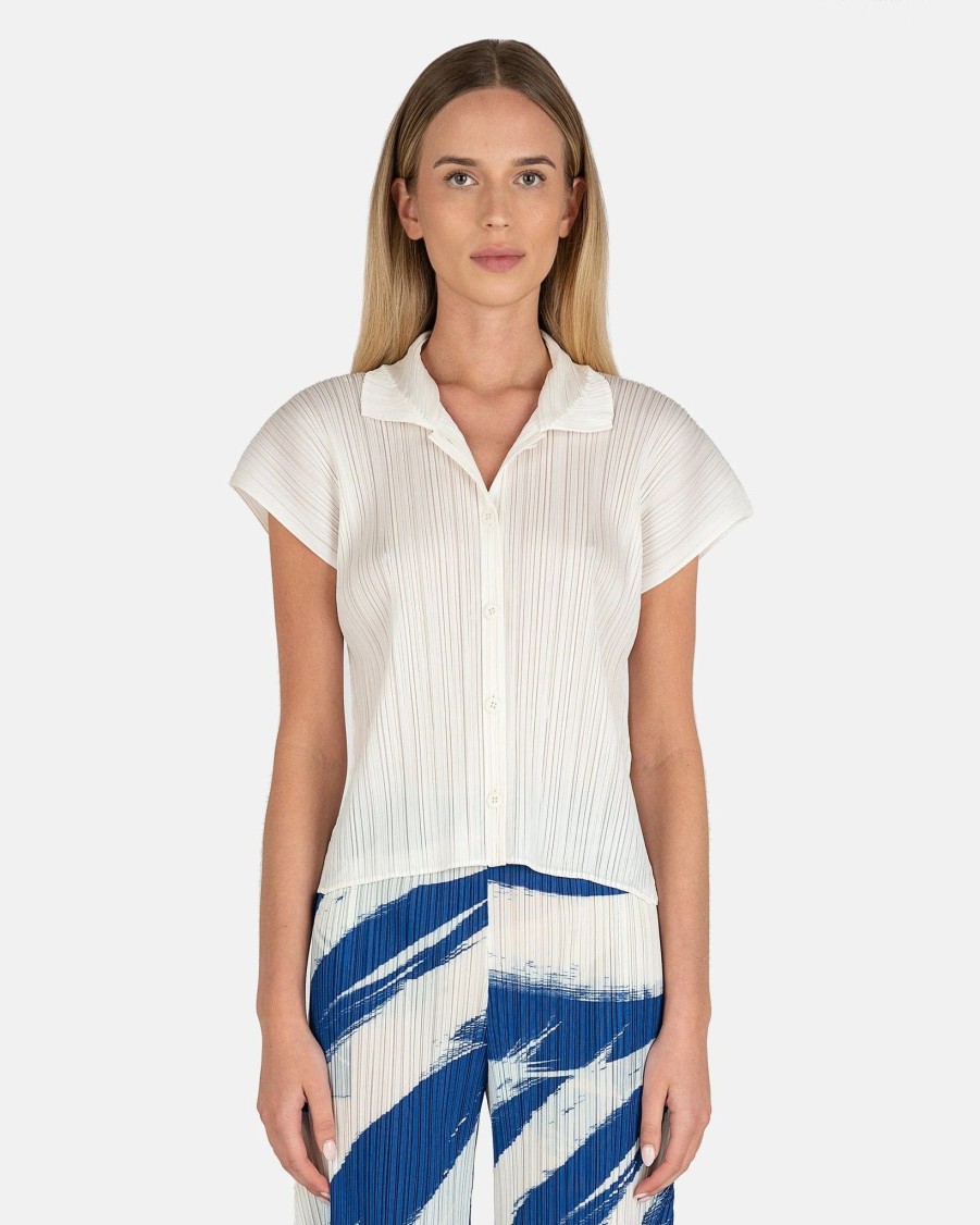 Tops * | Pleats Please Issey Miyake Short Sleeve Pleated Top In Off White