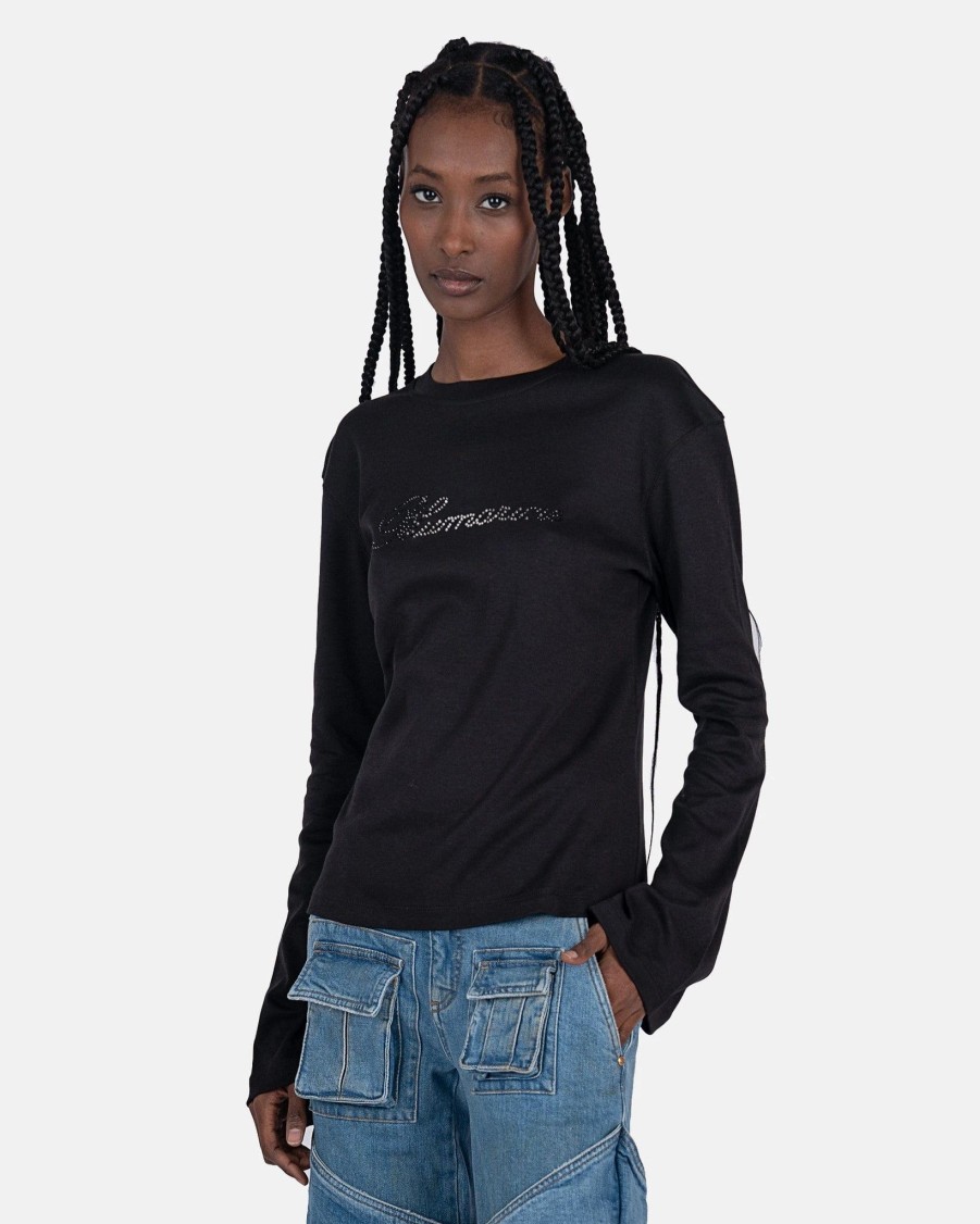 T-Shirts * | Blumarine Long Sleeve T-Shirt With Embroidery Rhinestone In Black