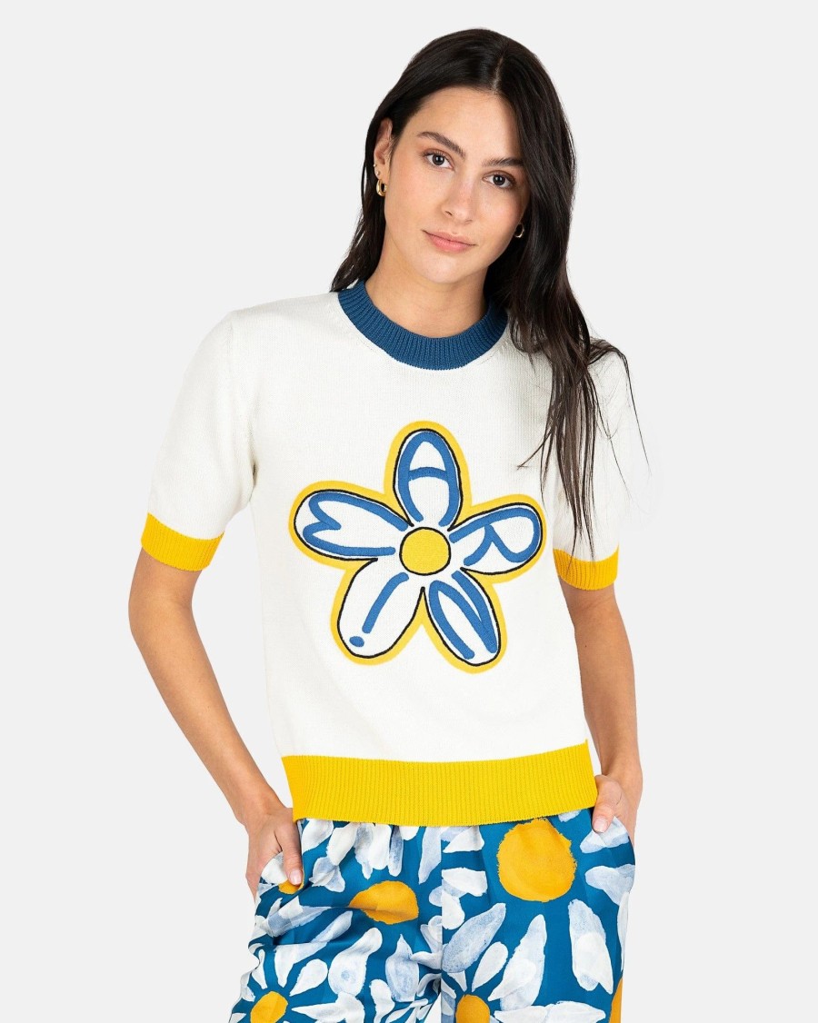 Tops * | Marni Embroidered Daisy Logo Sweater In Lily White