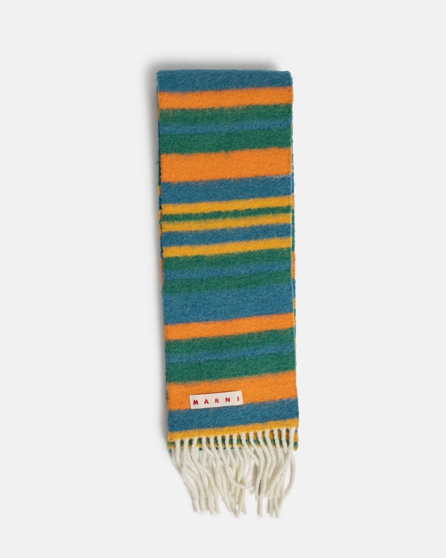 Accessories * | Marni Striped Brushed Wool Scarf In Sea Green