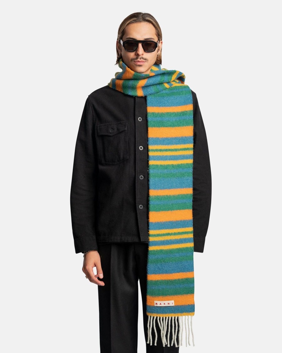 Accessories * | Marni Striped Brushed Wool Scarf In Sea Green