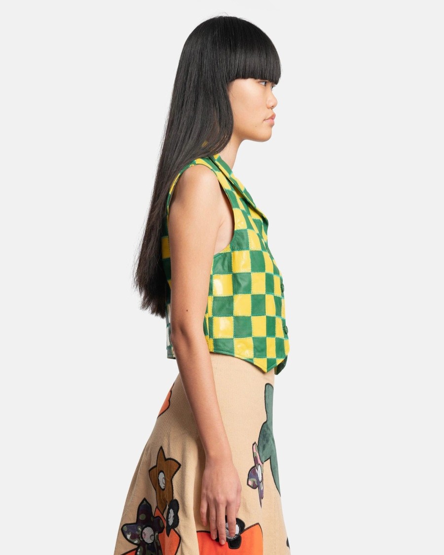 Tops * | Erl Patchwork Checkers Leather Vest In Yellow