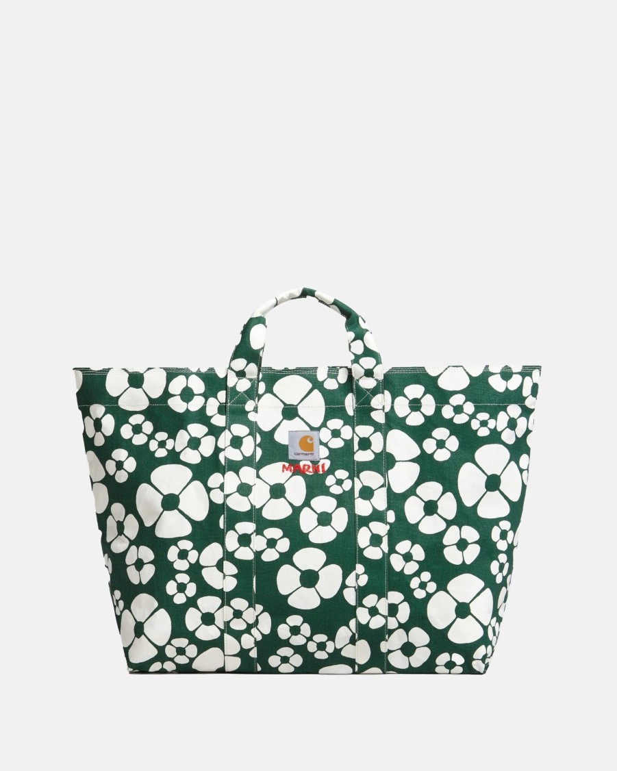 Accessories * | Marni Carhartt Canvas Tote Bag In Forest Green/Stone White