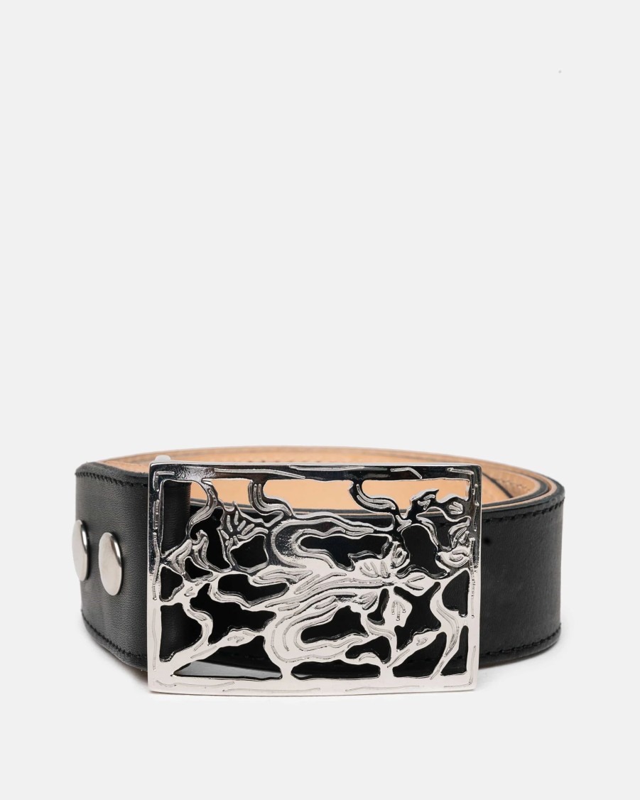 Accessories * | Our Legacy Speed Belt In Black Leather Flower Plate