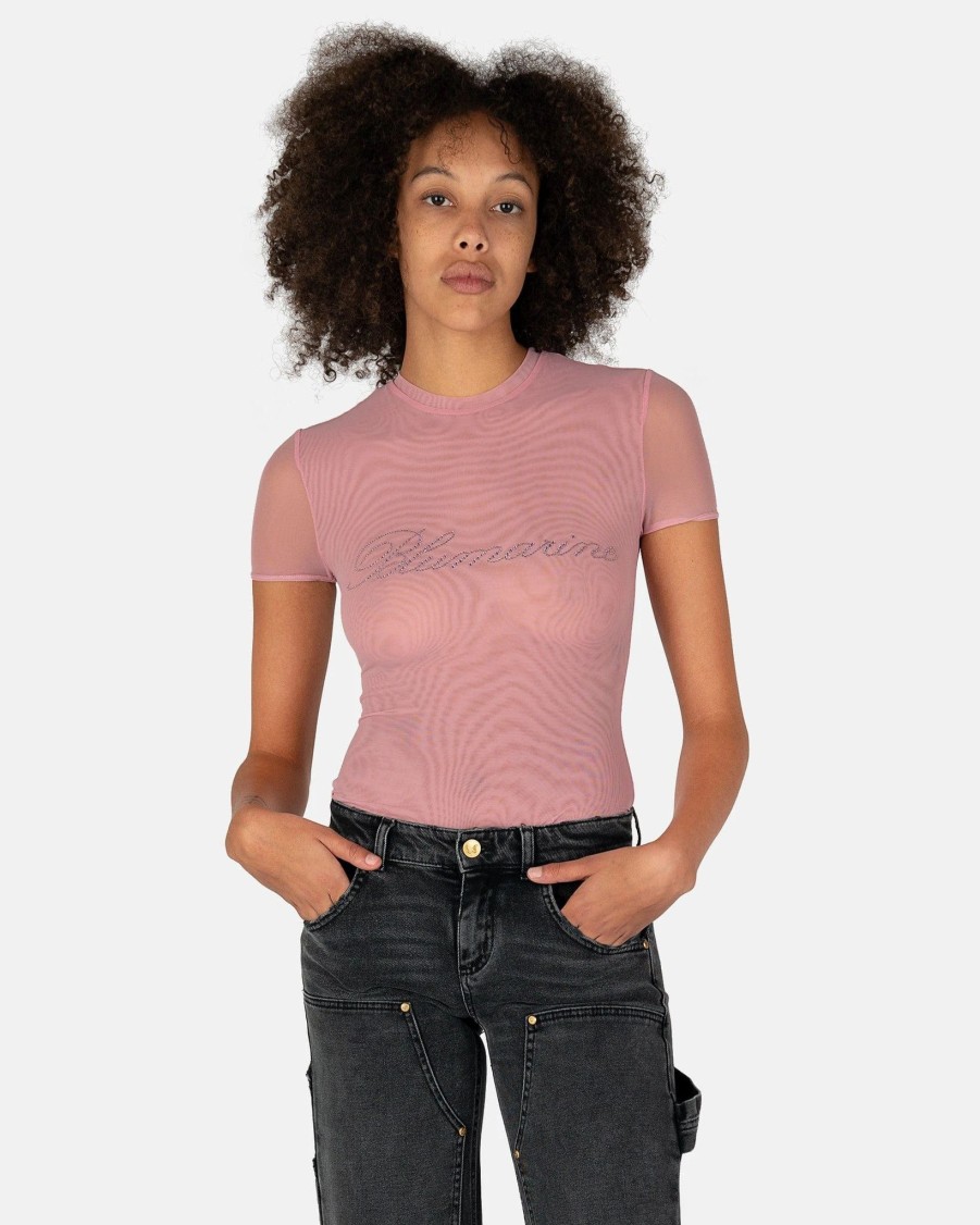 T-Shirts * | Blumarine Tulle T-Shirt With Rhinestone Logo In Pink