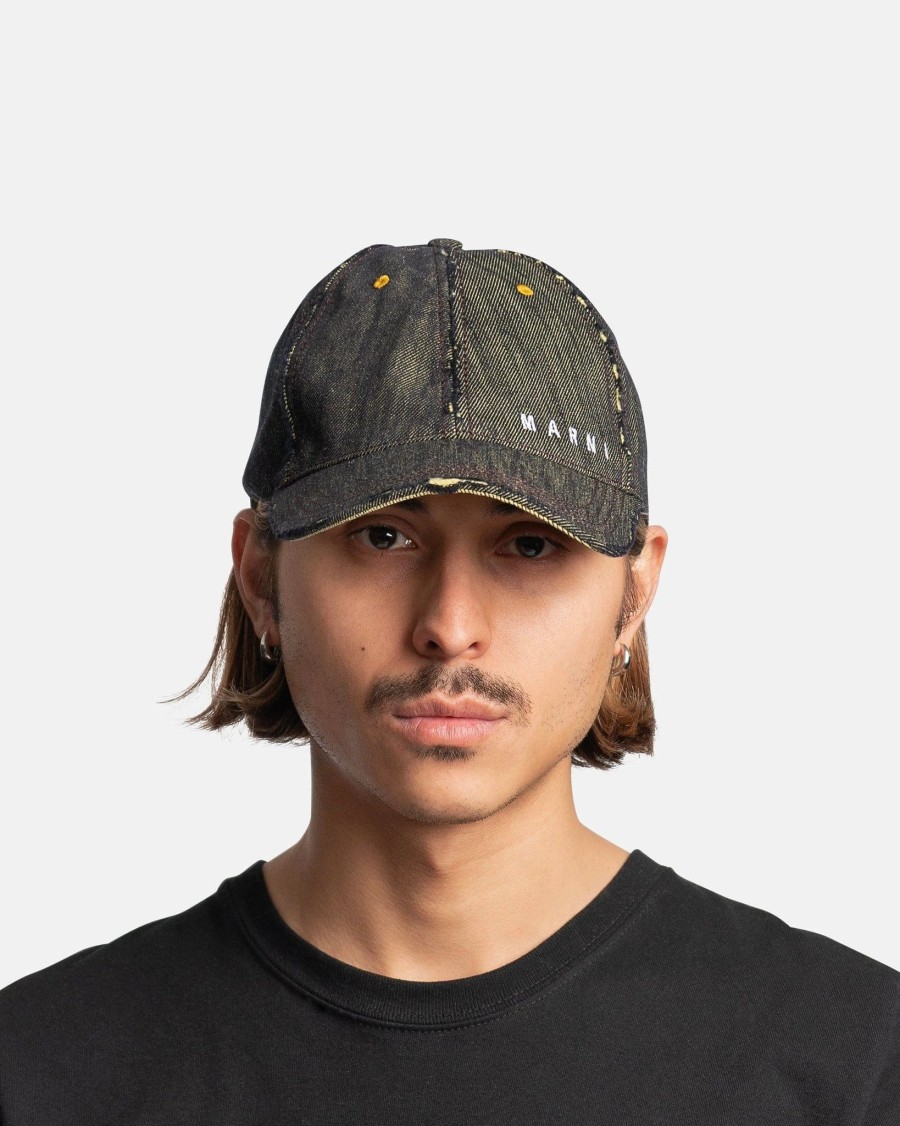 Accessories * | Marni Distressed Denim Hat In Lemmon