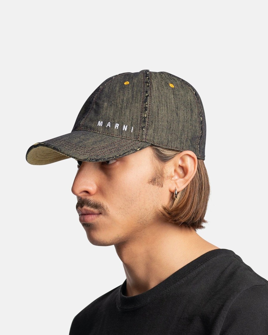 Accessories * | Marni Distressed Denim Hat In Lemmon