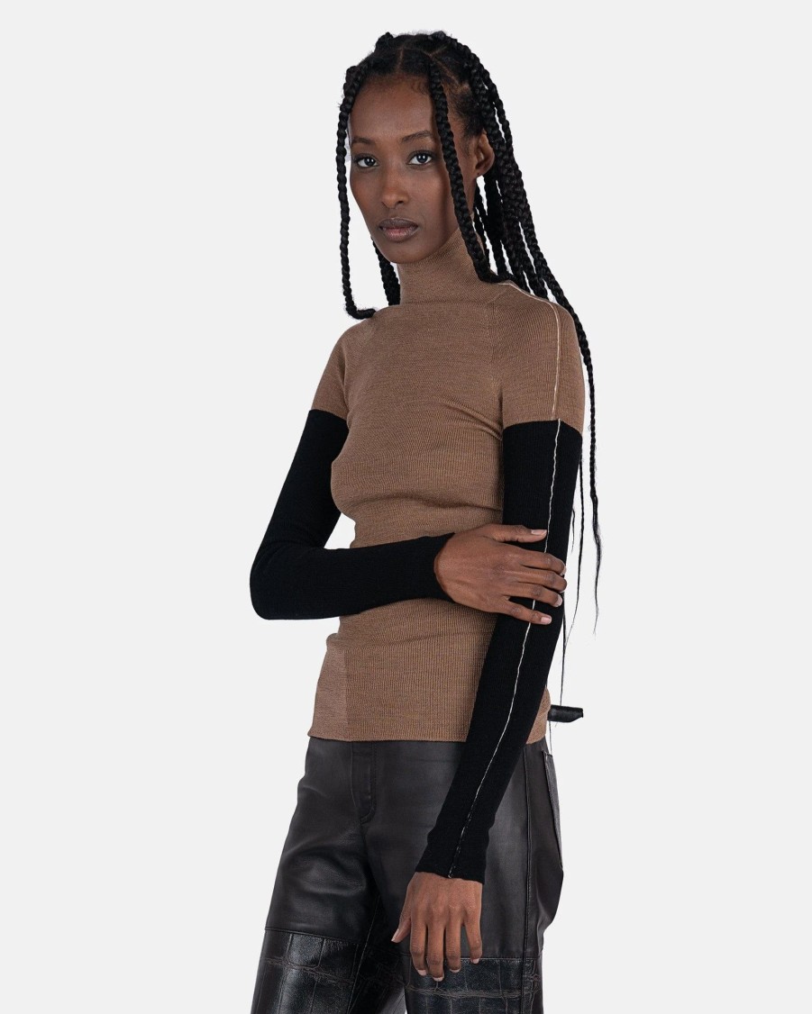 Tops * | Peter Do Combo Sleeve Turtle Neck Sweater In Camel/Black