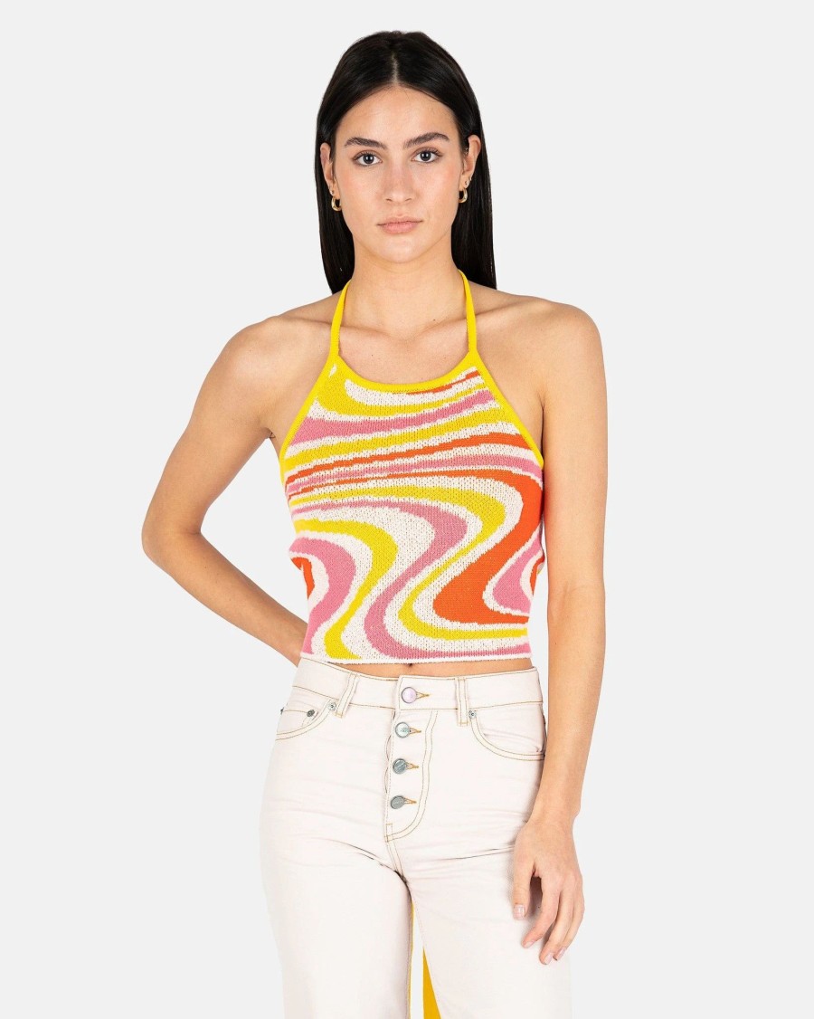 Tops * | Andersson Bell Summer Jacquard Halter Knit Top In Lemon/Pink