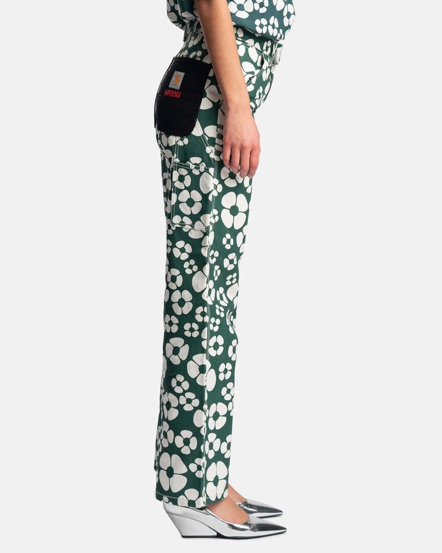 Pants * | Marni Carhartt Wip Flower Print Cotton Canvas Trousers In Forest Green