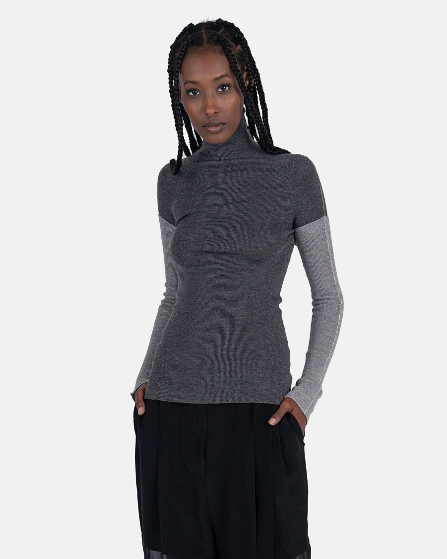 Tops * | Peter Do Combo Sleeve Turtle Neck Sweater In Cool Grey/Light Grey